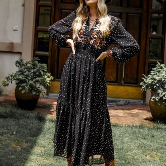 Boho black floral print embroidered polka dot long sleeve dress - Picture 4 of 6
